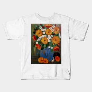 orange flowers and daisy's in a blue and gold vase Kids T-Shirt